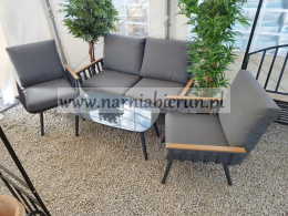 Meble ogrodowe aluminiowe sofa + 2 fotele + stolik szare poduchy