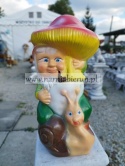 Figurka z ceramiki Krasnal skrzat krasnoludek ze ślimakiem pod muchomorem grzyb 40 cm Figurka z ceramiki Krasnal skrzat krasnoludek ze ślimakiem pod muchomorem grzyb 40 cm