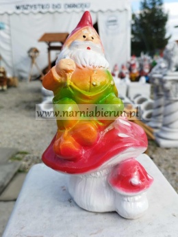 Figurka z ceramiki Krasnal skrzat krasnoludek na muchomorach grzyb 23 cm