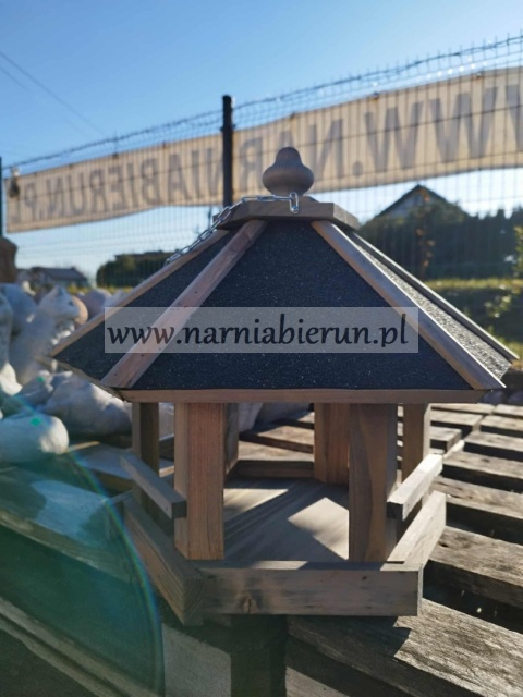 Karmnik dla ptaków na łańcuszku do powieszenia wiszący drewniany domek SZARO-BIAŁY