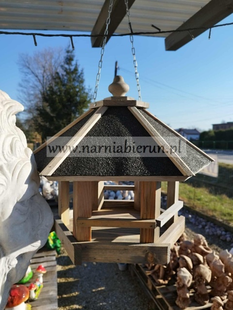 Karmnik dla ptaków na łańcuszku do powieszenia wiszący drewniany domek SZARO-BIAŁY