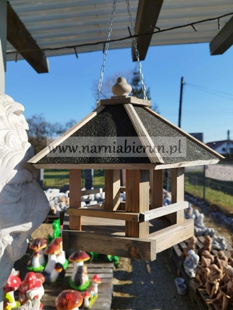 Karmnik dla ptaków na łańcuszku do powieszenia wiszący drewniany domek SZARO-BIAŁY