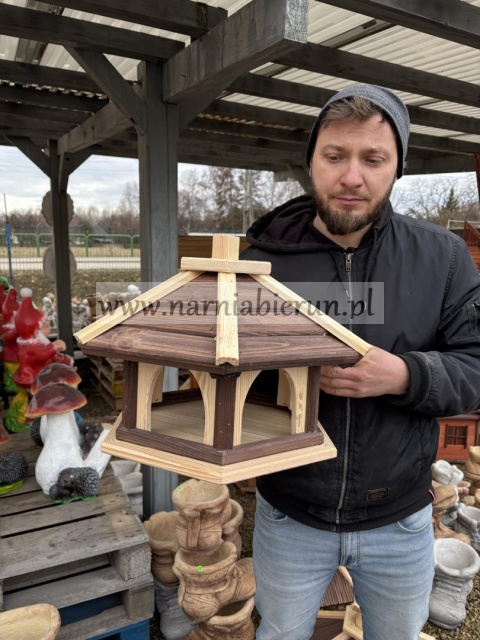 Karmnik dla ptaków drewiany STANDARD MAŁY biało-brązowy