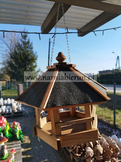Karmnik dla ptaków na łańcuszku do powieszenia wiszący drewniany domek BRĄZOWO-SZARY