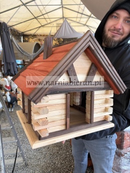 Karmnik drewniany Karmnik dla ptaków do ogrodu CHATKA biała z czerwonym dachem