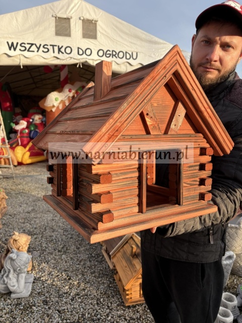 Karmnik drewniany Karmniki dla ptaków do ogrodu CHATKA brąz przypalany