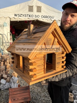 Karmnik drewniany Karmniki dla ptaków do ogrodu CHATKA żółta przypalana