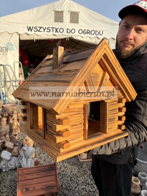 Karmnik drewniany Karmniki dla ptaków do ogrodu CHATKA żółta przypalana