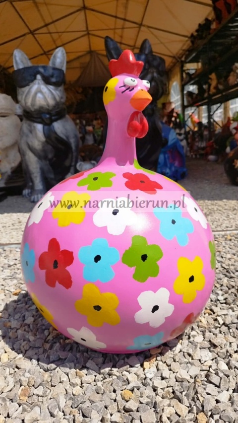 Figurka z żywicy KURA POMPOWANA okrągla kurka kulka w kwiaty kwiatki 57 cm.