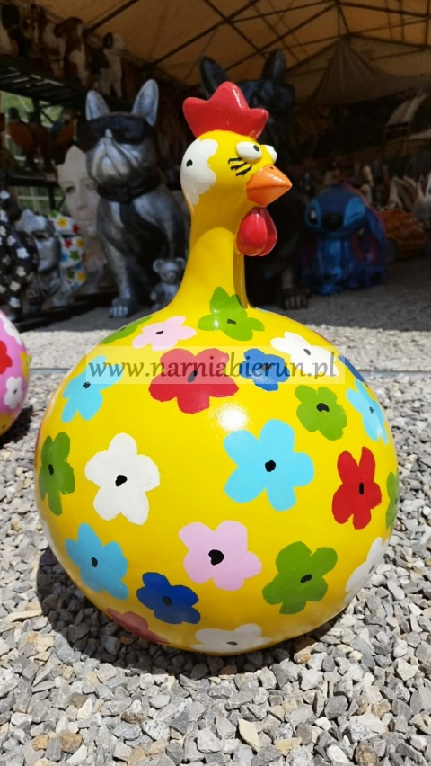 Figurka z żywicy KURA POMPOWANA okrągla kurka kulka w kwiaty kwiatki 57 cm.