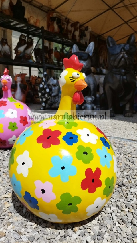 Figurka z żywicy KURA POMPOWANA okrągla kurka kulka w kwiaty kwiatki 57 cm.