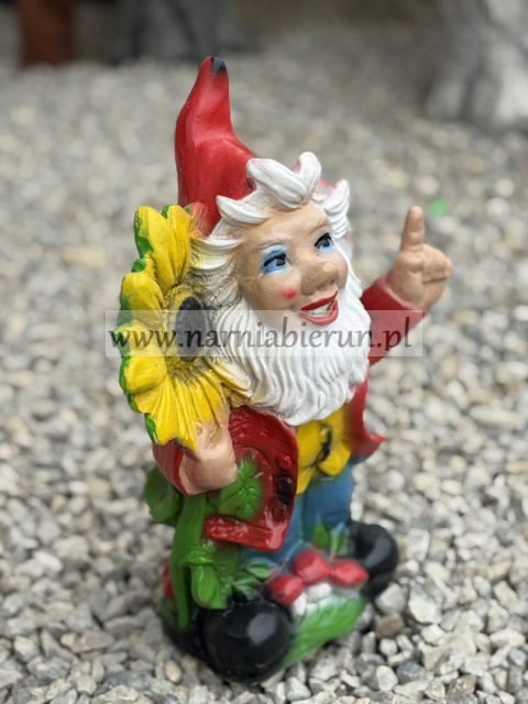 Figurka z żywicy Krasnal krasnoludek ogrodnik ze słonecznikiem 35 cm.