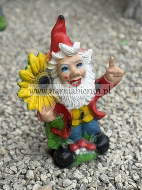 Figurka z żywicy Krasnal krasnoludek ogrodnik ze słonecznikiem 35 cm.