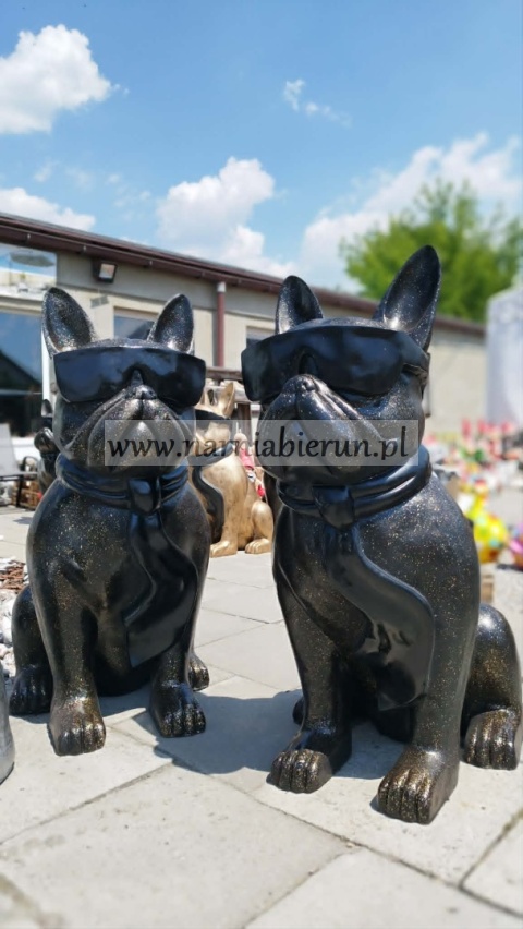 Figurka z żywicy Pies Buldog w okularach francuski GIGANT srebrny 120 cm