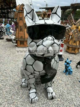 Figurka z żywicy Pies Buldog w okularach francuski GIGANT srebrny 120 cm