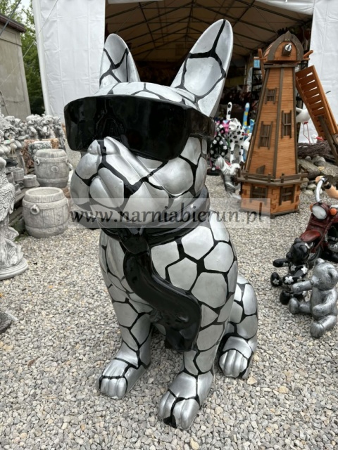 Figurka z żywicy Pies Buldog w okularach francuski GIGANT srebrny 120 cm