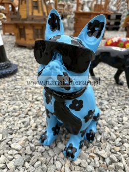Figurka z żywicy Pies Buldog w okularach francuski mały niebieski w kwiatki 35cm