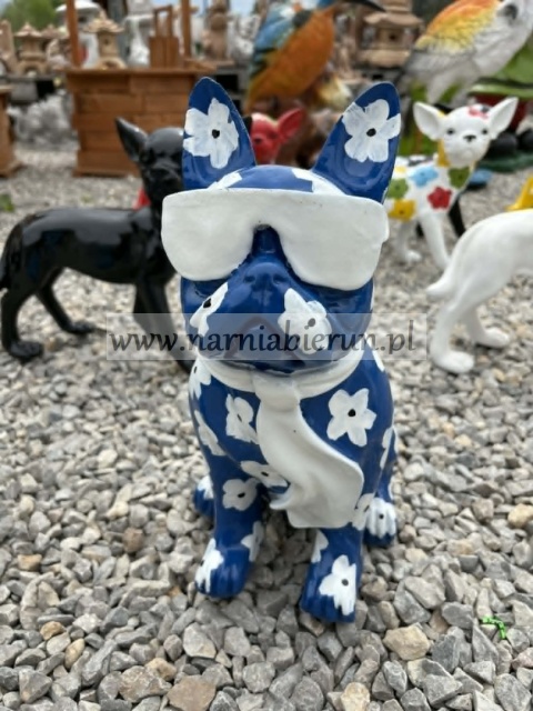 Figurka z żywicy Pies Buldog w okularach francuski mały niebieski w kwiatki 35cm