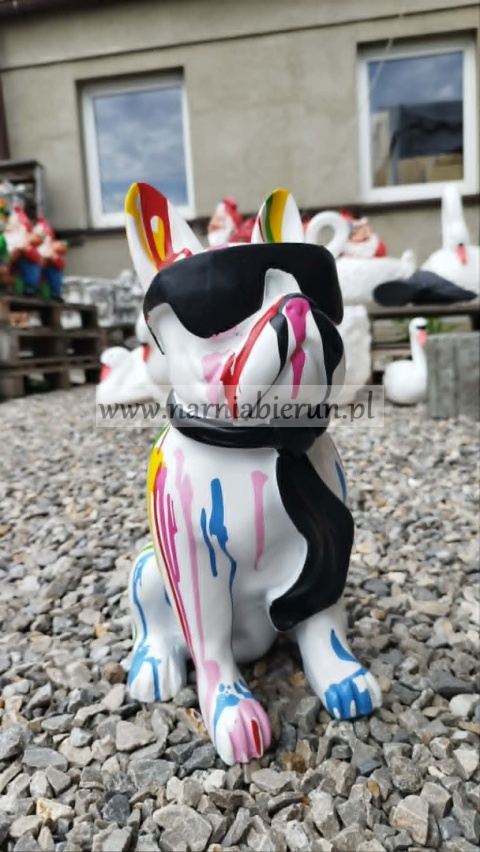 Figurka z żywicy Pies Buldog w okularach francuski biały różowy 35cm