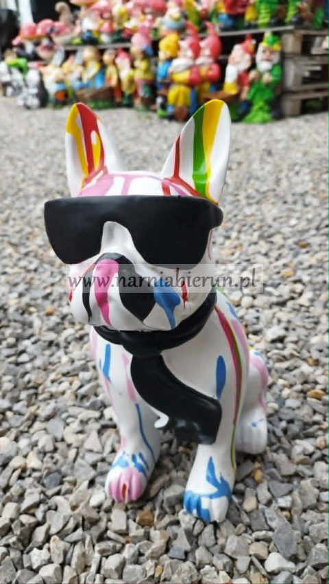Figurka z żywicy Pies Buldog w okularach francuski biały różowy 35cm