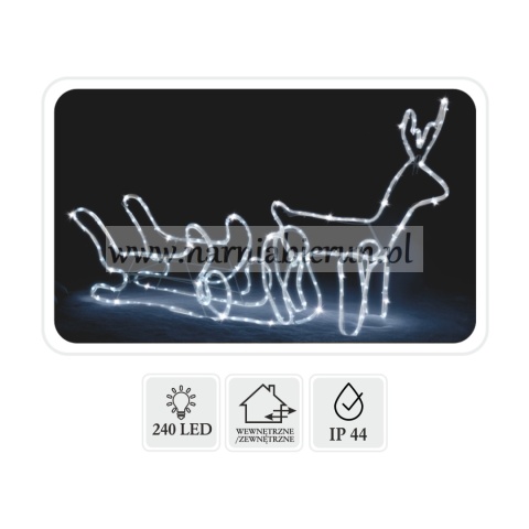 ŚWIĄTECZNA OZDOBA - ŚWIĄTECZNY ŚWIECĄCY RENIFER Z SANIAMI LED 120 x 27 x 66 CM ZIMNY BIAŁY + ZIMNY FLASH WEWN/ZEWN
