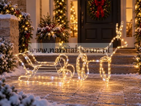 ŚWIĄTECZNA OZDOBA - ŚWIĄTECZNY ŚWIECĄCY RENIFER Z SANIAMI LED 120 x 27 x 66 CM CIEPŁY BIAŁY + ZIMNY FLASH WEWN/ZEWN